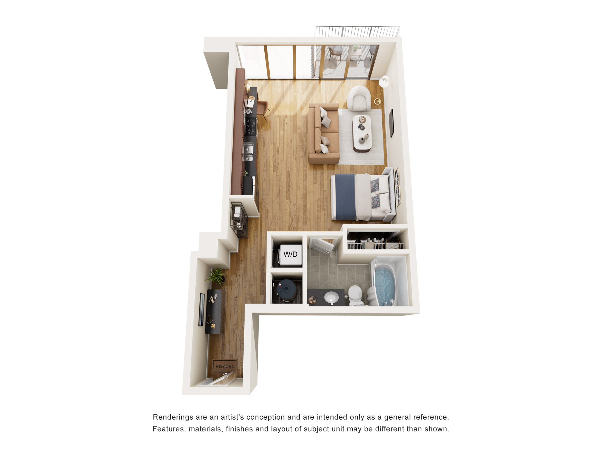 Floor plan for studio, 1 bath, 685 sqft